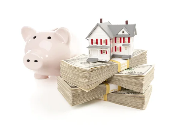 stock image Small House and Piggy Bank with Stacks Money