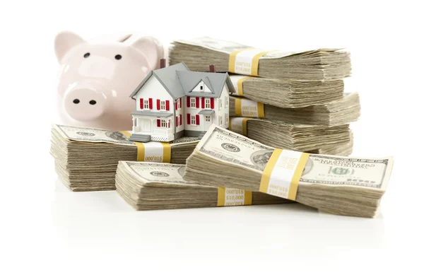 Small House and Piggy Bank with Stacks Money — Stock Photo, Image