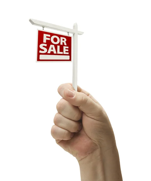 För försäljning fastigheter tecken i näven på vit — Stockfoto