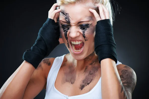Depressed girl with dirt on her face, closeup — Stock Photo, Image
