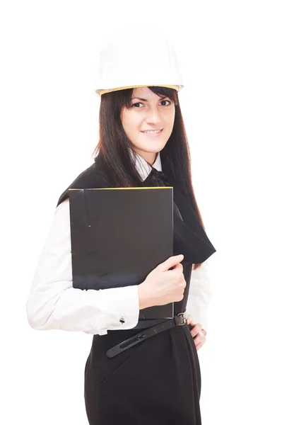 Schöne junge Geschäftsfrau mit schwerem Hut auf weißem Grund — Stockfoto