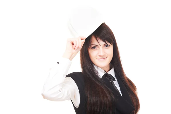 Mooie jonge zakenvrouw in harde hoed op wit — Stockfoto