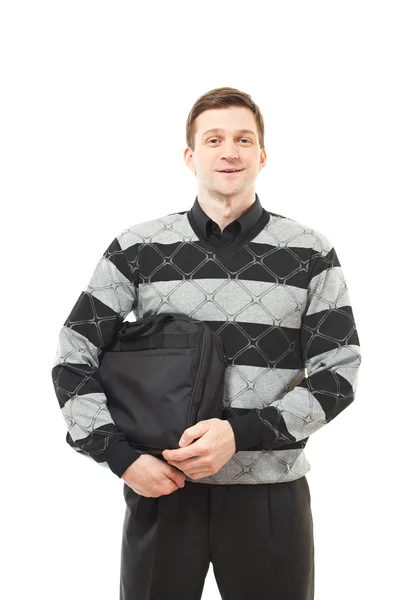 Atraktivní mladý muž v svetru s případem v rukou — Stock fotografie