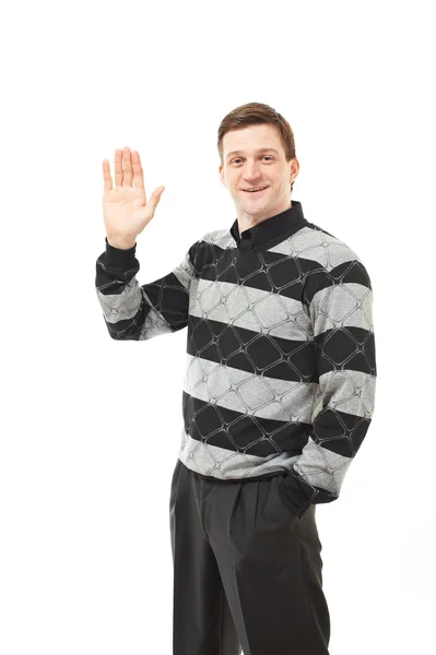 Attraktiver junger Mann gestikuliert mit der Hand — Stockfoto