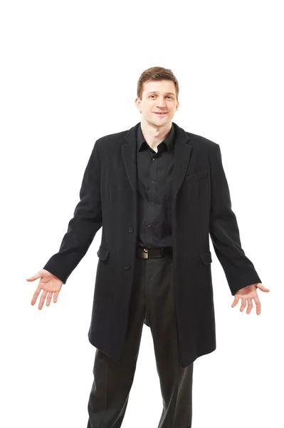 Jovem atraente em casaco preto em branco — Fotografia de Stock