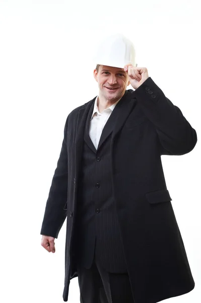 Atrakcyjny młody człowiek w białym kapeluszu twardy — Zdjęcie stockowe