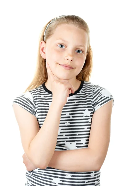 Porträtt av en söt fundersam liten flicka på vit — Stockfoto