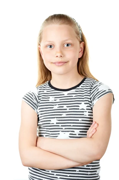 Porträtt av en söt liten flicka på vit — Stockfoto