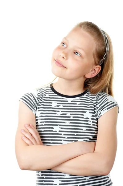 Porträtt av en söt fundersam liten flicka på vit — Stockfoto