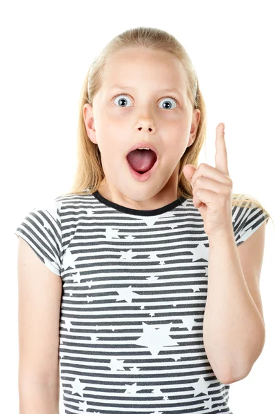 Überraschtes kleines Mädchen zeigt mit Finger — Stockfoto