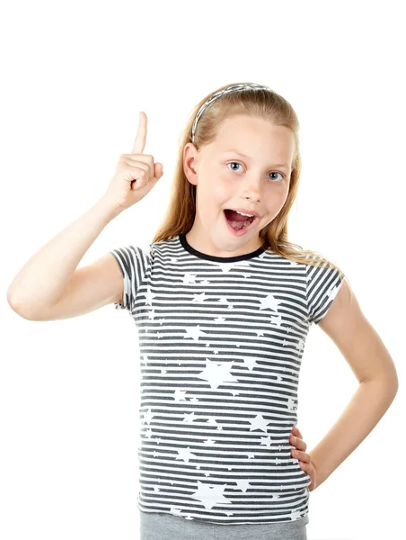 Surprised little girl pointing with finger — Stock Photo, Image