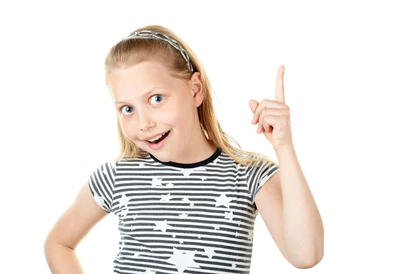 Surprised little girl pointing with finger — Stock Photo, Image