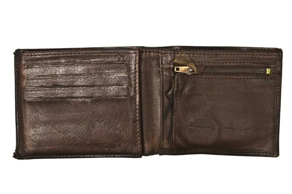 Gamla bruna plånbok isolerad på vit — Stockfoto