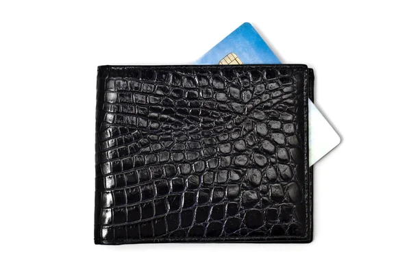 Carteira preta com cartão de crédito isolado em branco — Fotografia de Stock