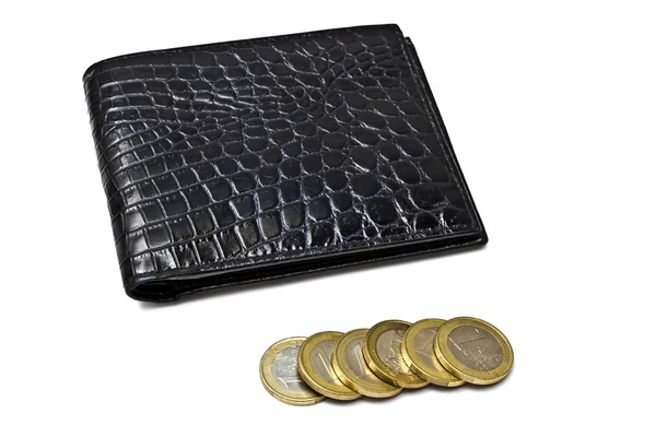 Portefeuille noir avec pièces de monnaie éruo — Photo
