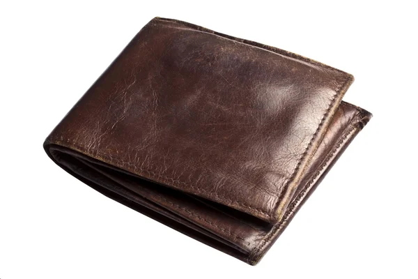 Vecchio portafoglio marrone isolato su bianco — Foto Stock