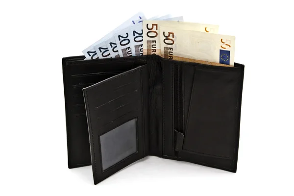 Черный бумажник с валютой евро — стоковое фото