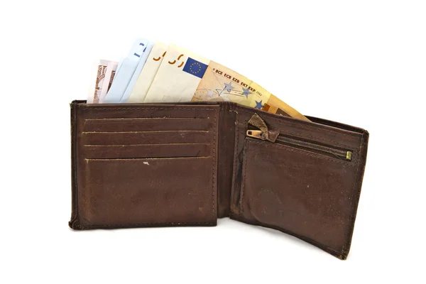 Oud bruin portemonnee en euro — Stockfoto