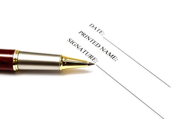 Στυλό που απομονώνονται σε μια κενή υπογραφή χαρτί — Φωτογραφία Αρχείου