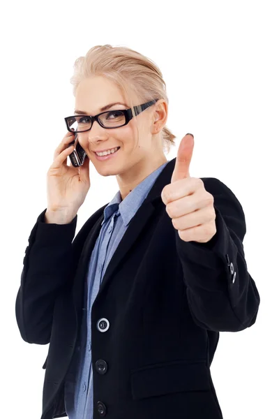 Mujer de negocios con teléfono y pulgares hacia arriba gesto —  Fotos de Stock
