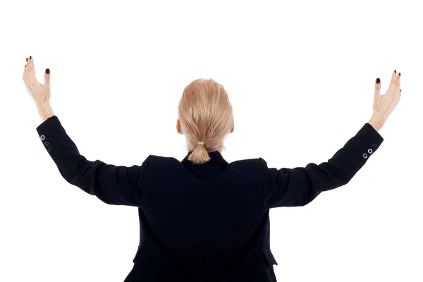 Rücken der Geschäftsfrau mit erhobenen Händen — Stockfoto