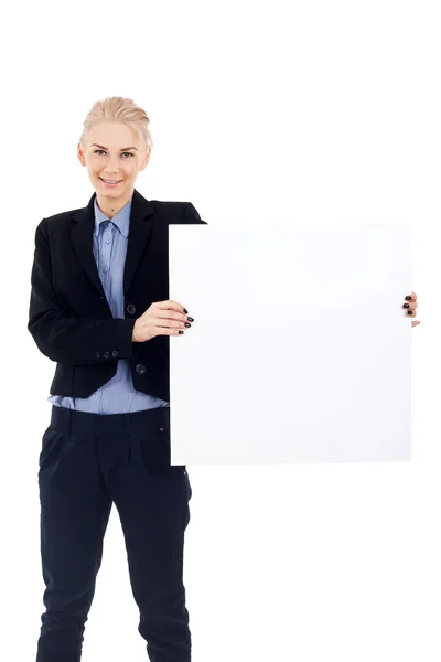Γυναίκα των επιχειρήσεων κατέχει έναν κενό πίνακα — Φωτογραφία Αρχείου