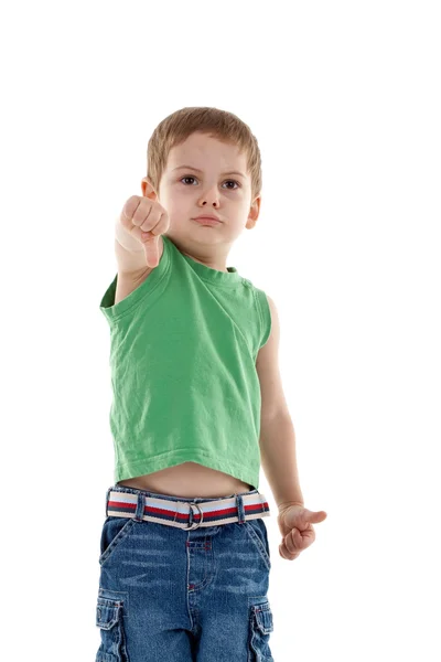 Маленький человек показывает жест опускания большого пальца — стоковое фото