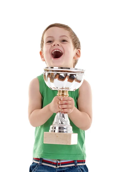 Nadšený malý chlapec s trofejí — Stock fotografie