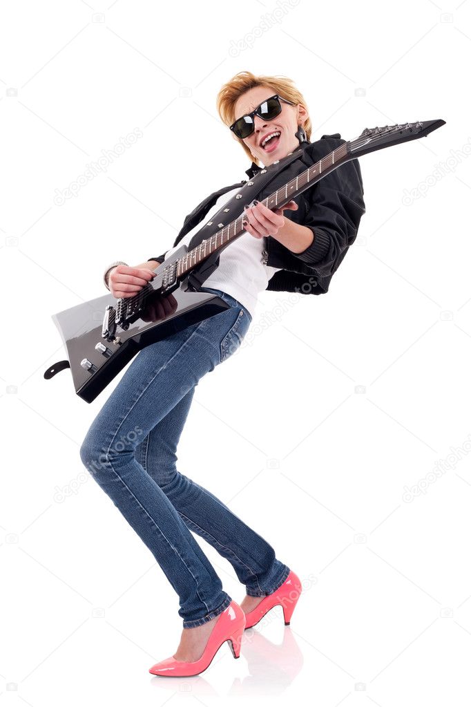Woman with sunglasses playing an electric guitar