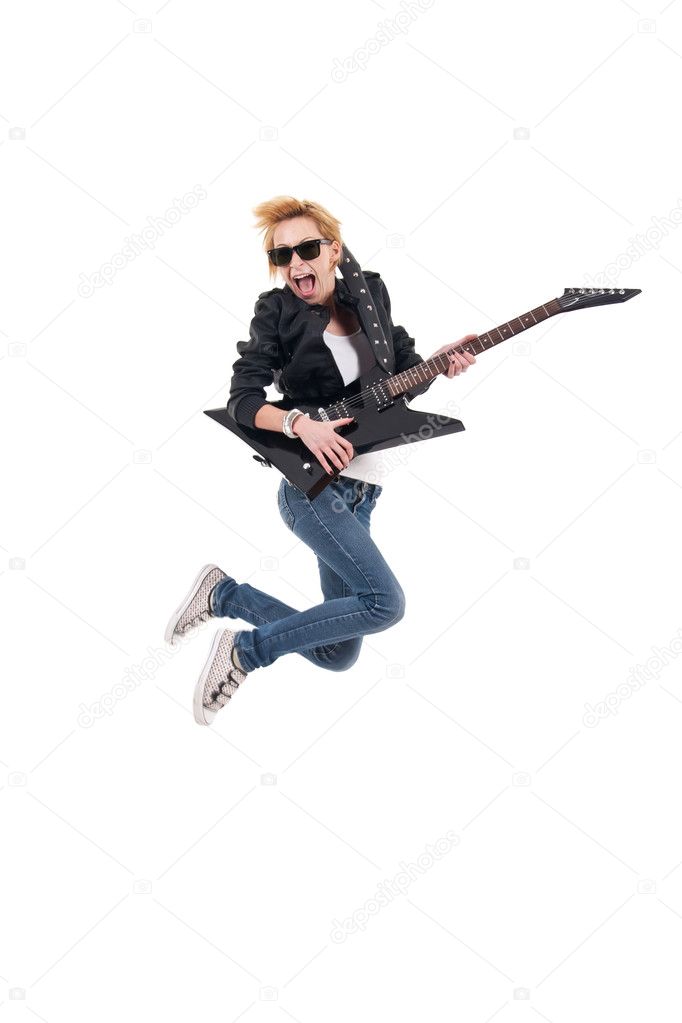 Girl with electric guitar making rock sign