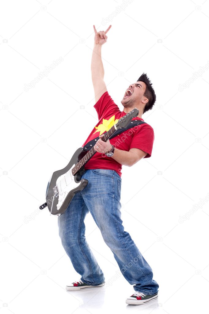 Guitarist making a rock and roll gesture