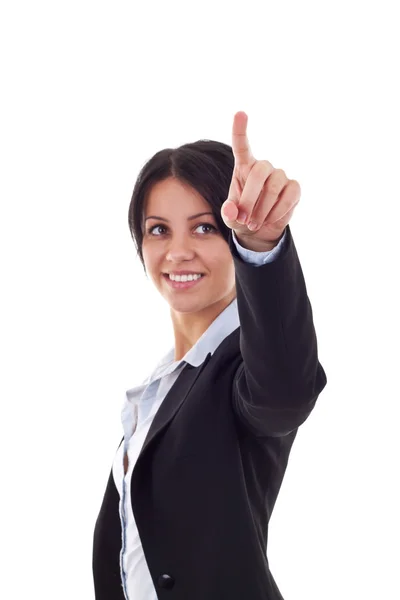 Geschäftsfrau drückt einen imaginären Knopf — Stockfoto