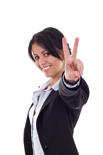 Mujer de negocios mostrando señal de victoria — Foto de Stock