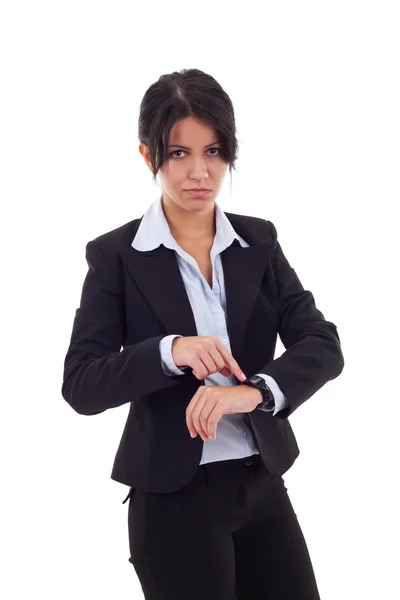 Femme d'affaires en colère pointant sa montre — Photo
