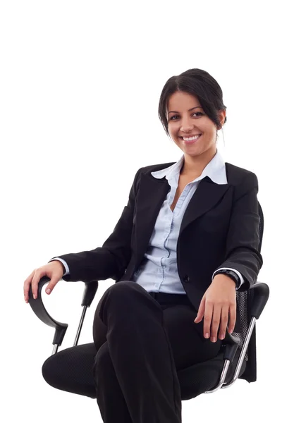 Γυναίκα των επιχειρήσεων για την καρέκλα χαμογελώντας — Φωτογραφία Αρχείου