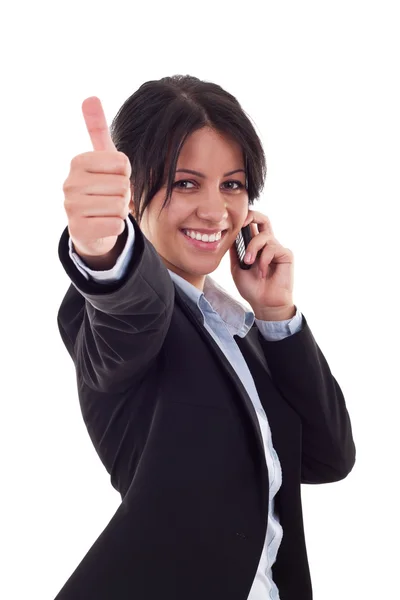 Vrouw met telefoon en duimschroef opwaarts gebaar — Stockfoto