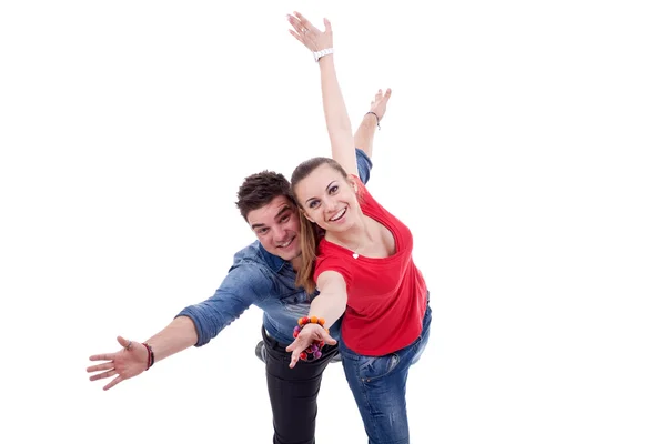 Happy two young gesturing flying — Stock Photo, Image