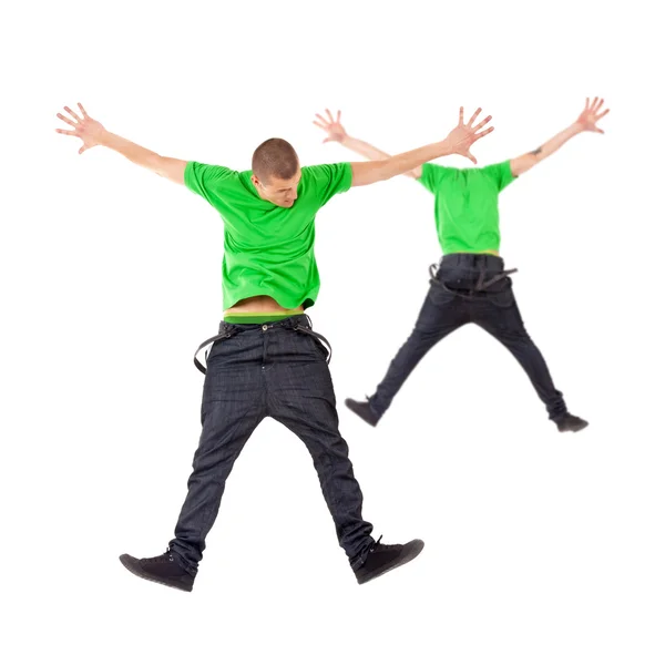 Dois dançarinos do sexo masculino break jumping — Fotografia de Stock