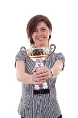 Business woman showing her big trophy clipart