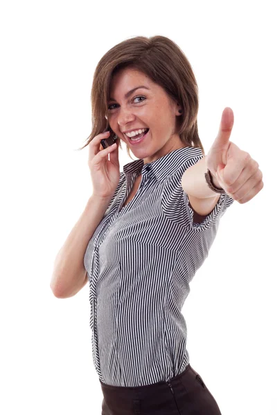 Business woman with phone and thumbs up gesture — Stock Photo, Image