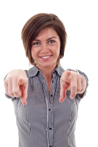 Beautiful business woman pointing on you — Stock Photo, Image