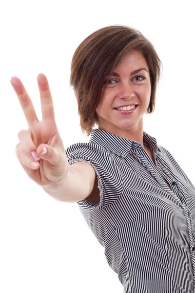 Business woman making victory gesture — Stock Photo, Image