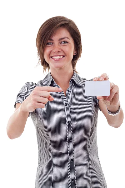 Mulher de negócios segurando seu cartão de visita — Fotografia de Stock
