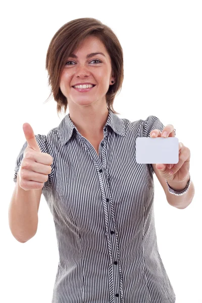 Business woman holding blank business card — Stock Photo, Image