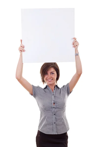 Mujer sosteniendo signo en blanco — Foto de Stock