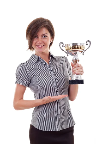 Business woman winning a trophy — Stock Photo, Image