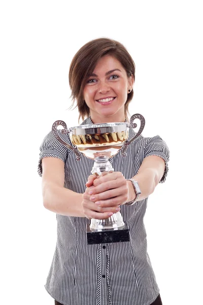 Mujer de negocios mostrando su gran trofeo — Foto de Stock