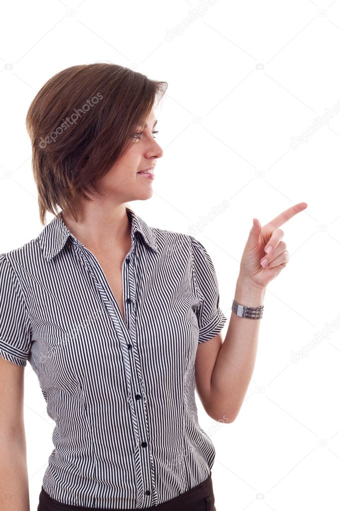Business woman points finger at something