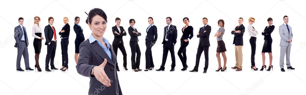 Businesswoman welcoming to her successful business team