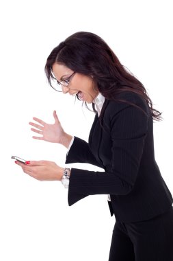 Angry businesswoman shouting to a mobile clipart